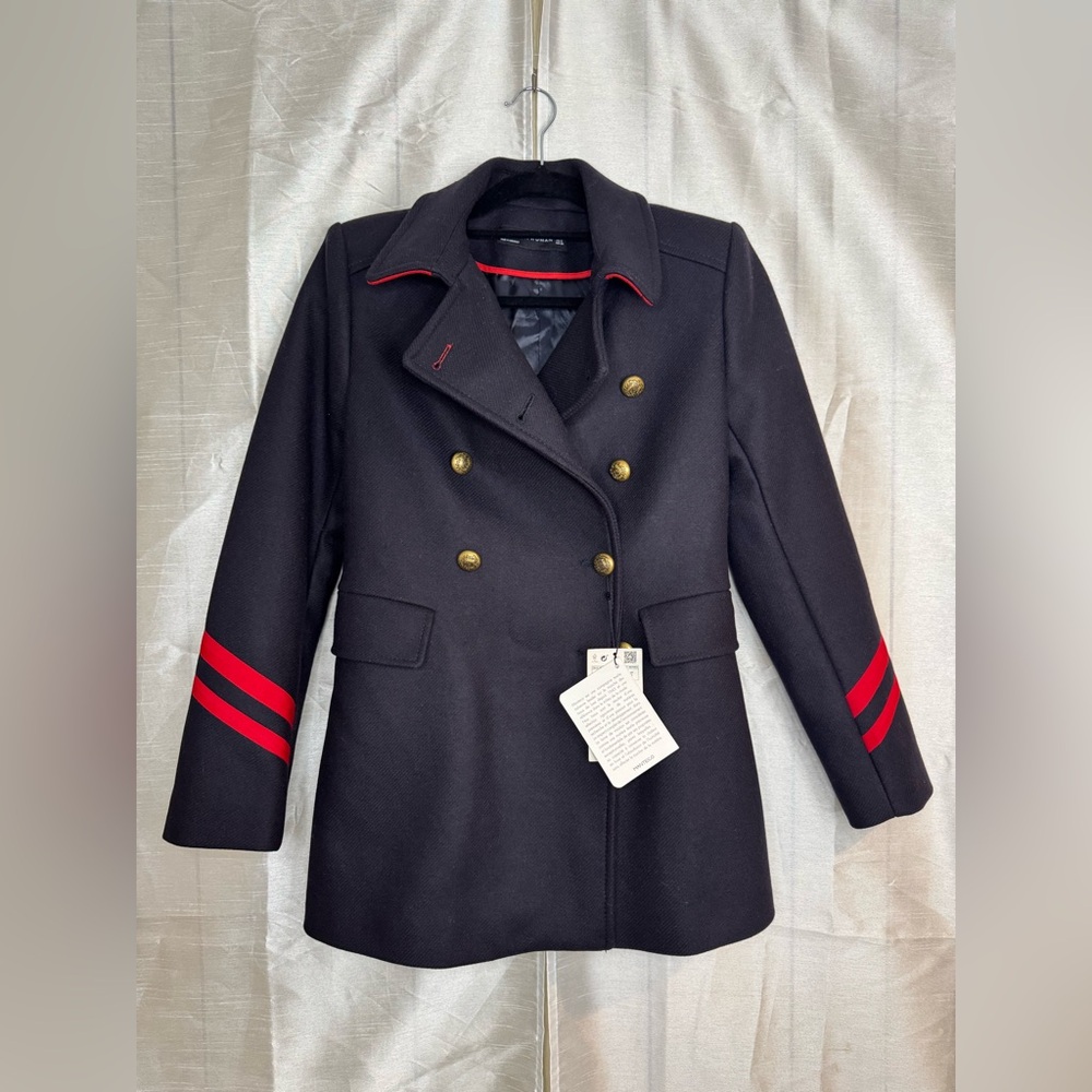 Zara Women's Double-Breasted Navy Coat with Red Accents - Picture 11 of 12